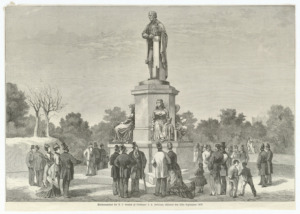 Image of the Hans Christian Ørsted statue monument. The statue is surrounded by onlookers. 