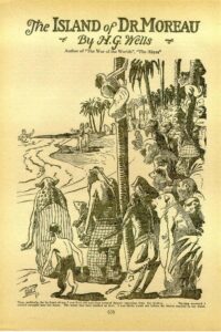 A page from "The Island of Dr. Moreau" showing clothed animals gathered on a beach shore.