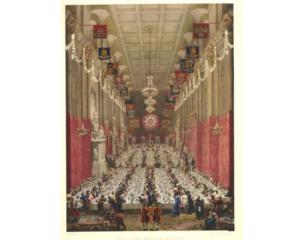 Image of the lord's dining hall with food and finery.