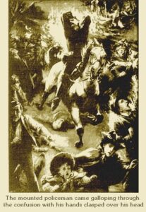 Page from <em> War of Worlds</em> depicting a policeman on a horse and a running crowd.
