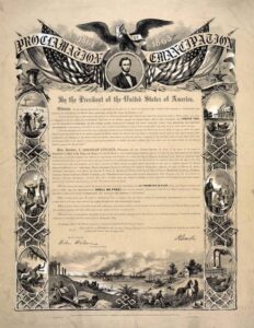 Photo of the Emancipation Proclamation. Features detailed drawings around the border.