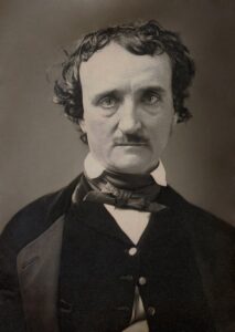 Black and white portrait image of author Edgar Allen Poe.